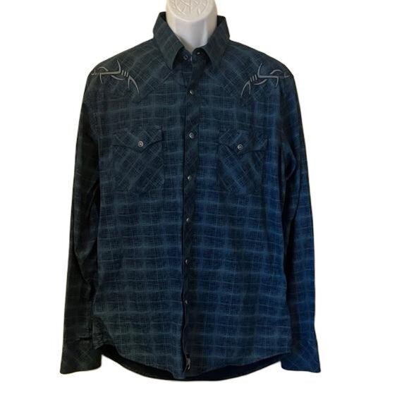 Wrangler Other - Rock 47 Wrangler Mens Pearl Snap Large LS Embroidered Blue Multi Western Shirt